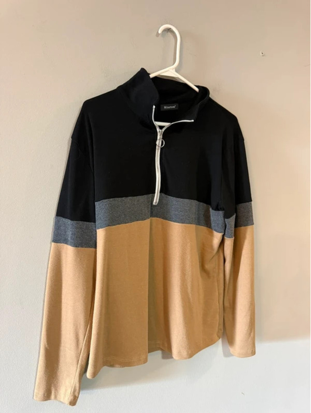 Minetom Women’s XL Colorblock Quarter-Zip Pullover Black Gray Tan